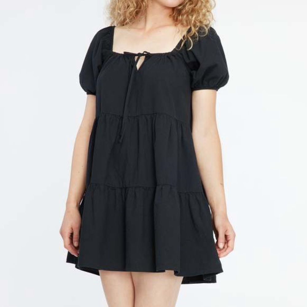 Lacausa Playa Black Tiered Hem Short Sleeve Cotton Babydoll Dress Cottagecore